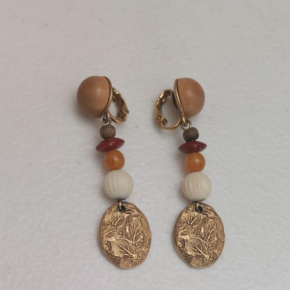 Vintage 80s Liz Claiborne Beaded Clip On Earrings w/ Leaf Embossed Disc Pendant